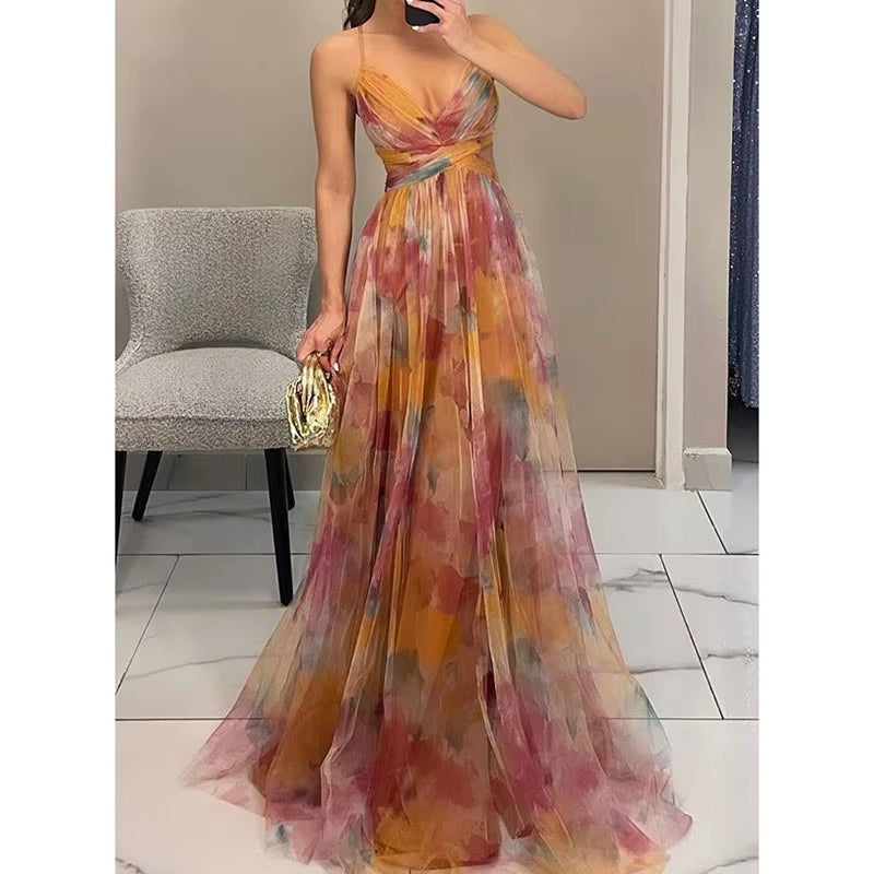 Elegant Pleated Mesh Evening Dress – off Shoulder, Backless, High Waist Long Vacation Dress for Women