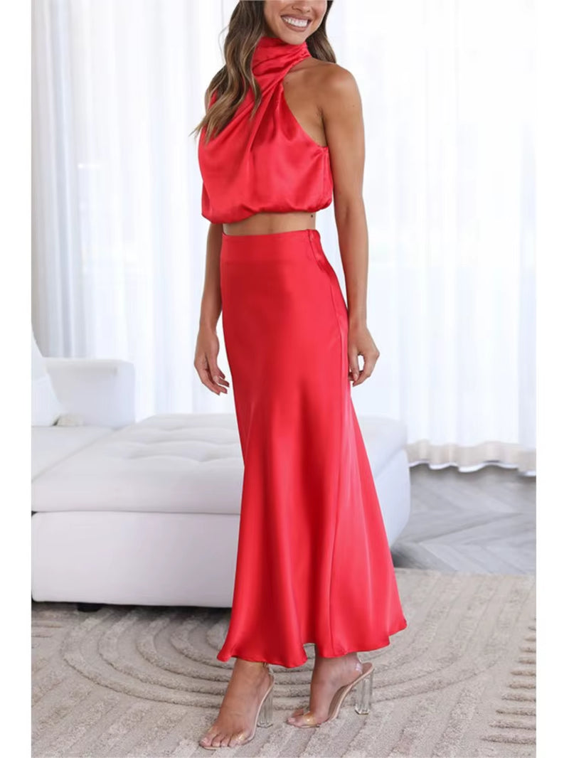 Satin Elegance: Women’S Two-Piece Sleeveless Long Skirt Set