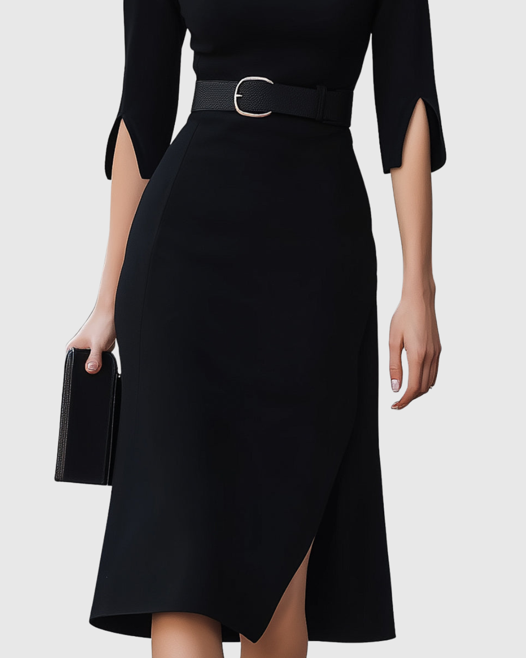 Classic Black Belted Midi Dress