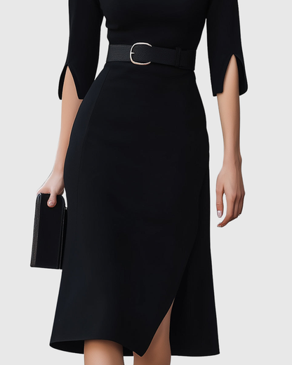Classic Black Belted Midi Dress