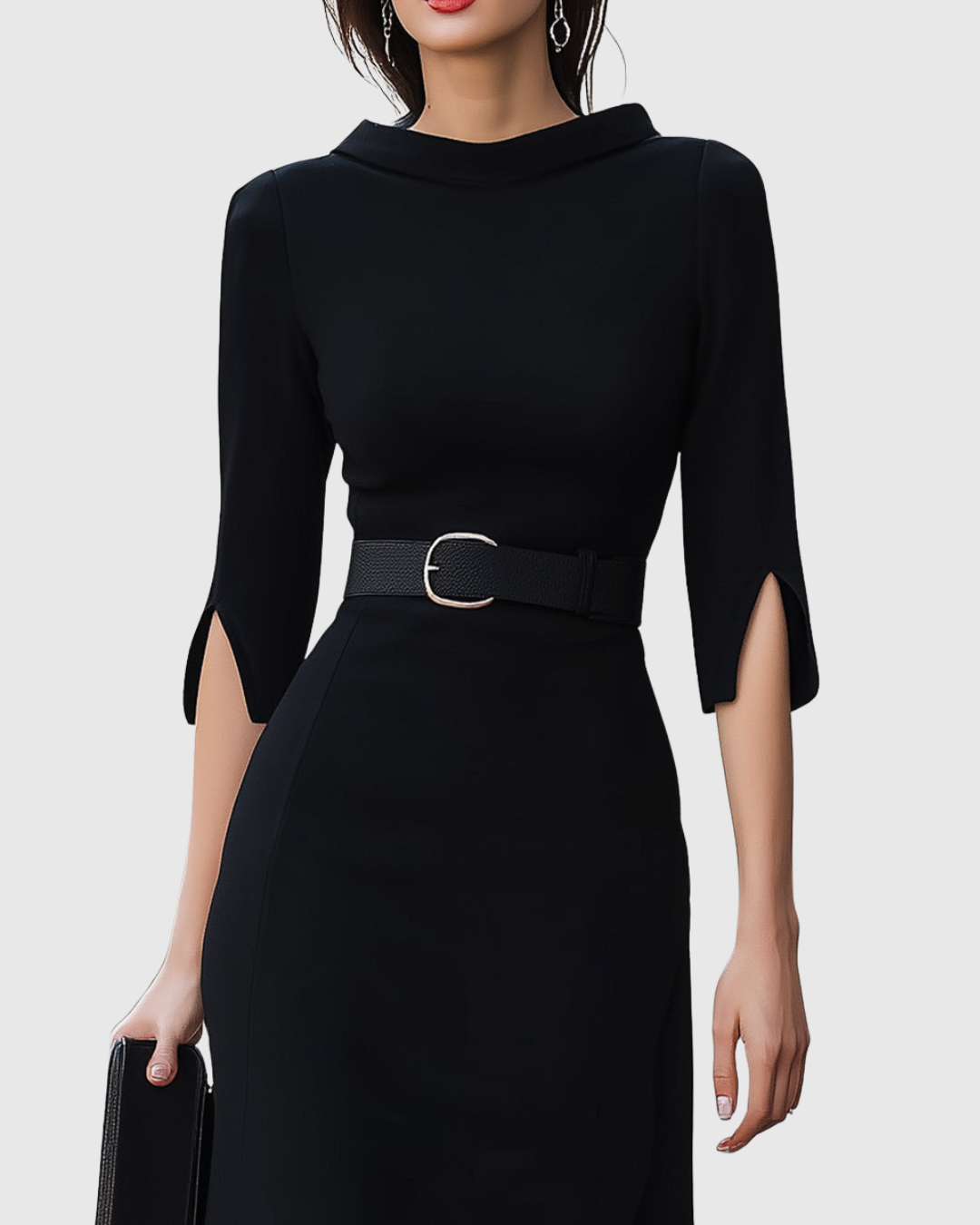 Classic Black Belted Midi Dress