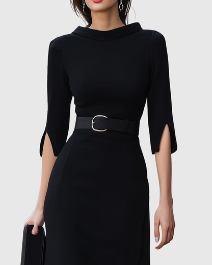 Classic Black Belted Midi Dress