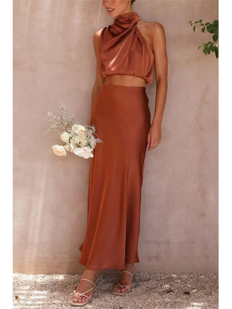 Satin Elegance: Women’S Two-Piece Sleeveless Long Skirt Set