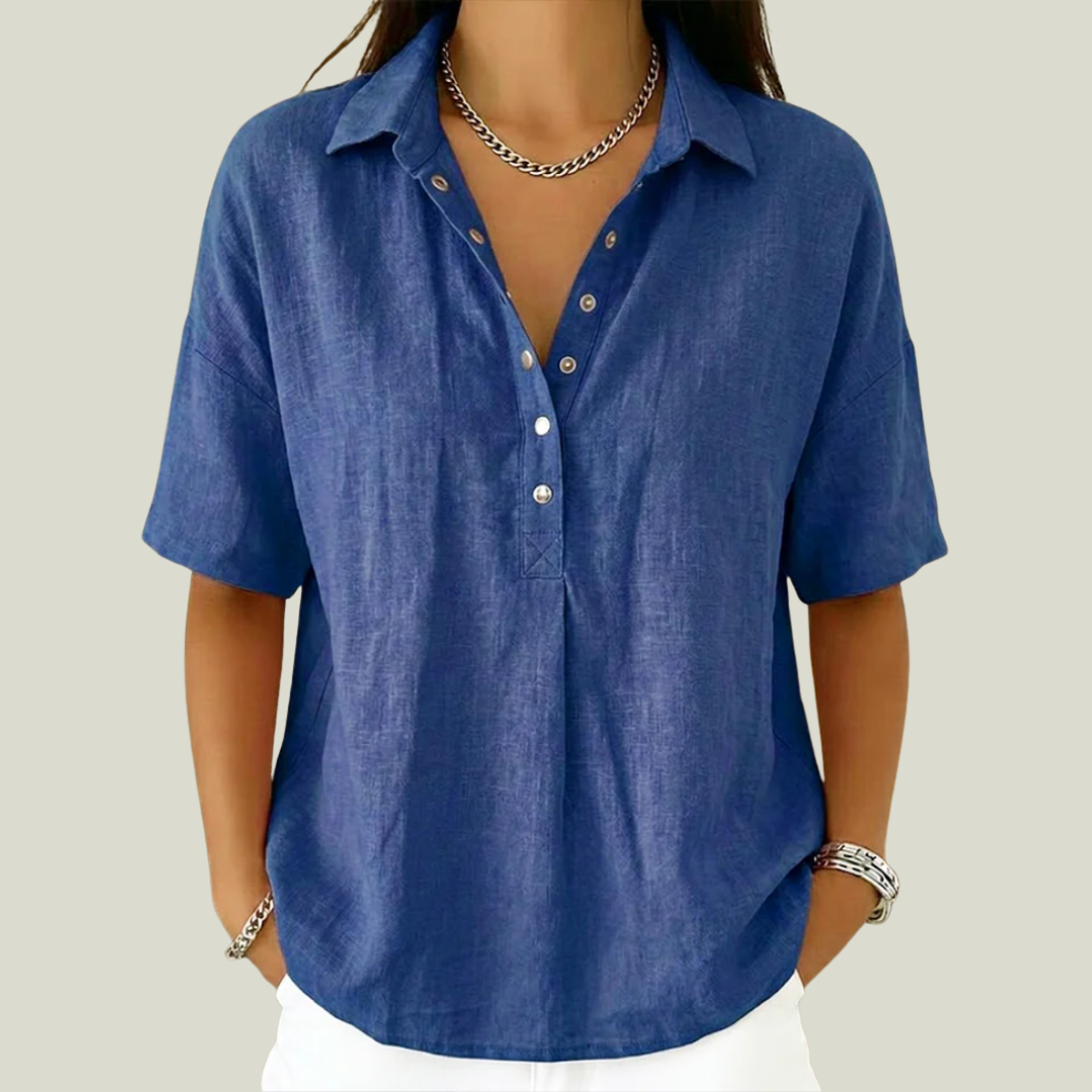 Willow Linen-Look Button Collar Blouse