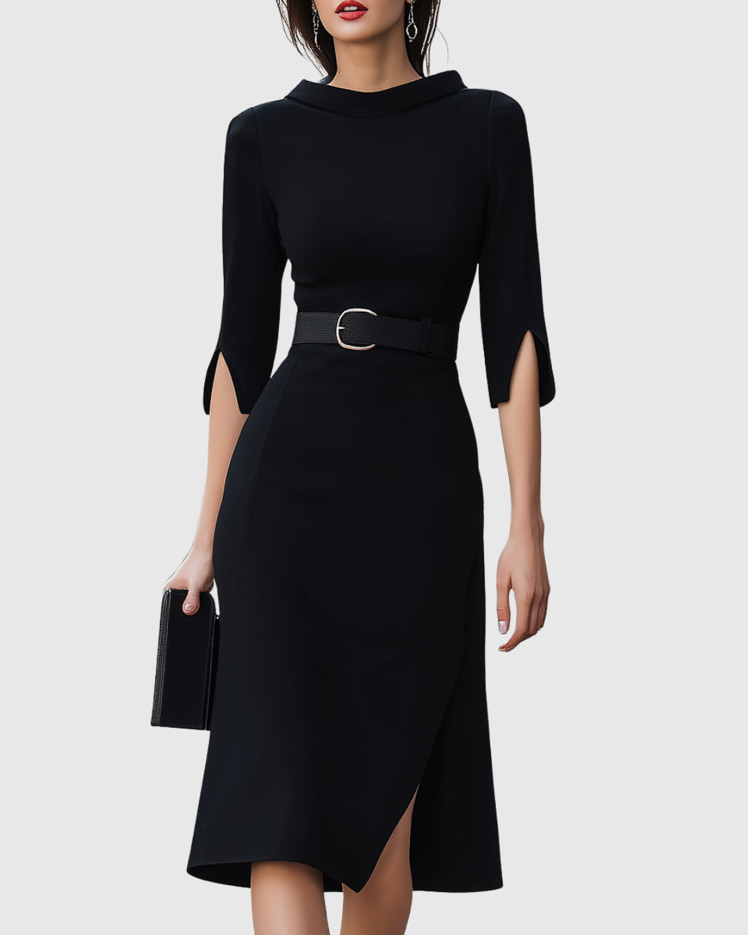 Classic Black Belted Midi Dress