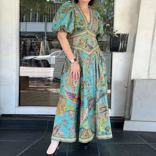 Timeless Grace: Vintage Lantern Sleeve V Neck Maxi Dress