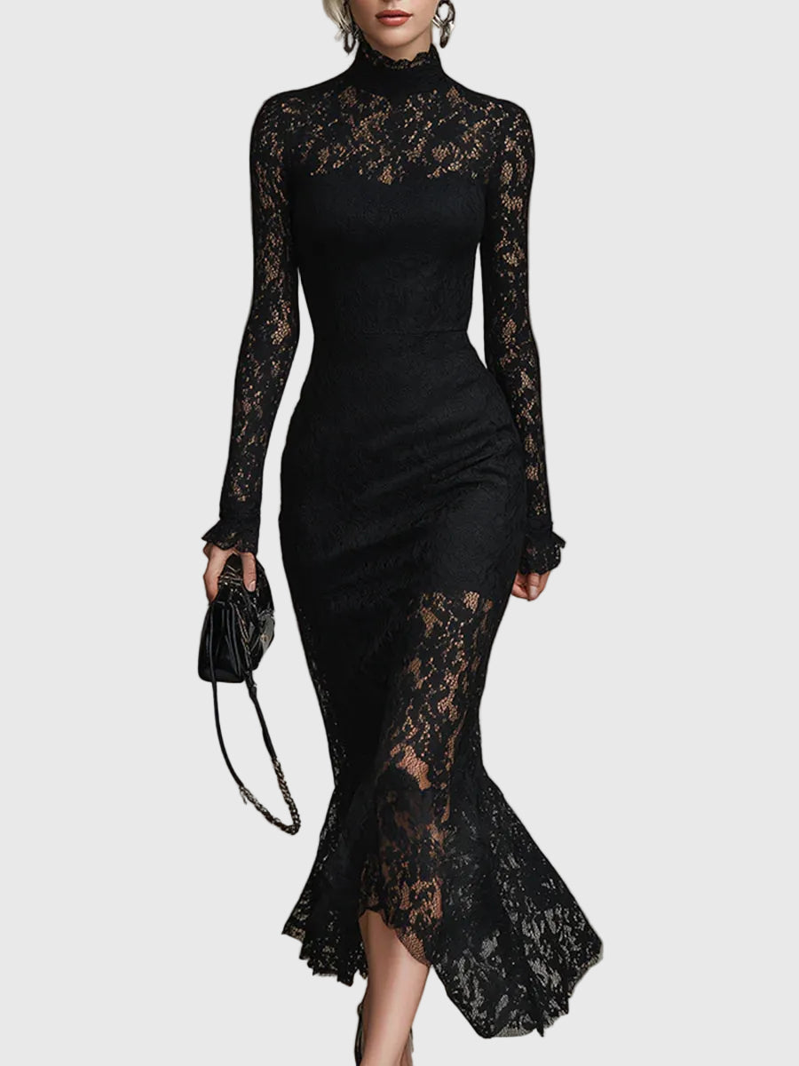 Black Stretch Lace Fishtail Maxi Dress