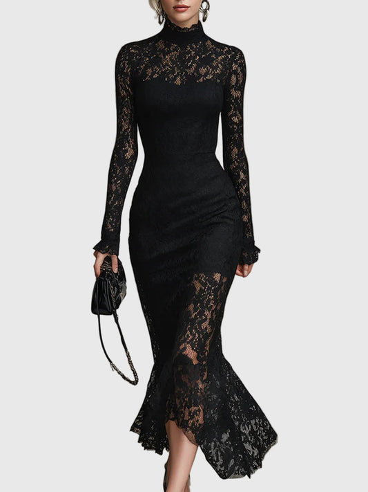 Black Stretch Lace Fishtail Maxi Dress