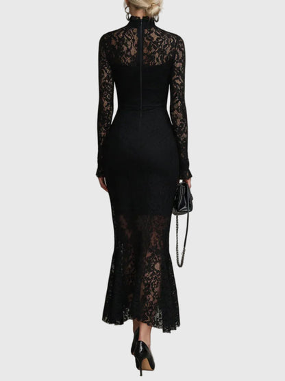 Black Stretch Lace Fishtail Maxi Dress