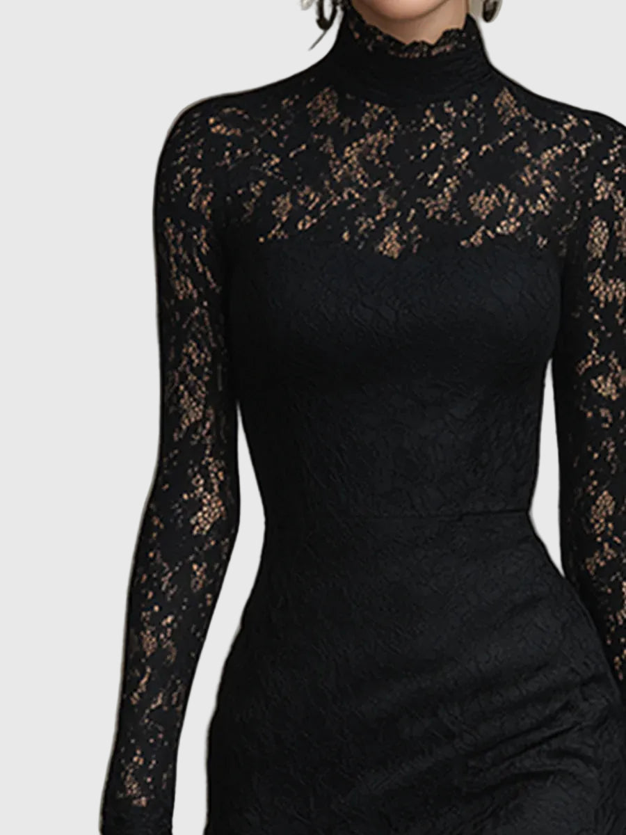 Black Stretch Lace Fishtail Maxi Dress