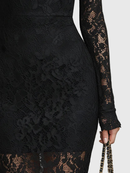 Black Stretch Lace Fishtail Maxi Dress