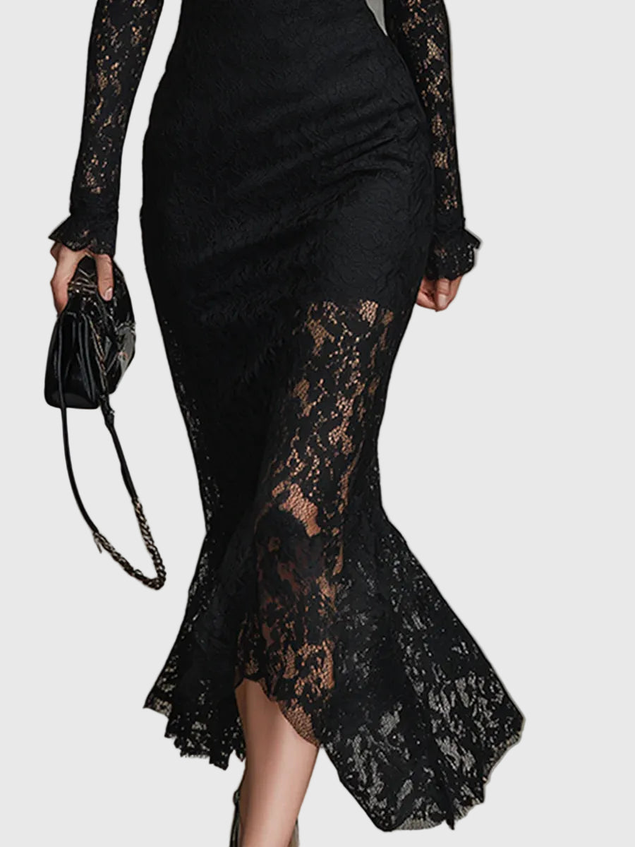 Black Stretch Lace Fishtail Maxi Dress