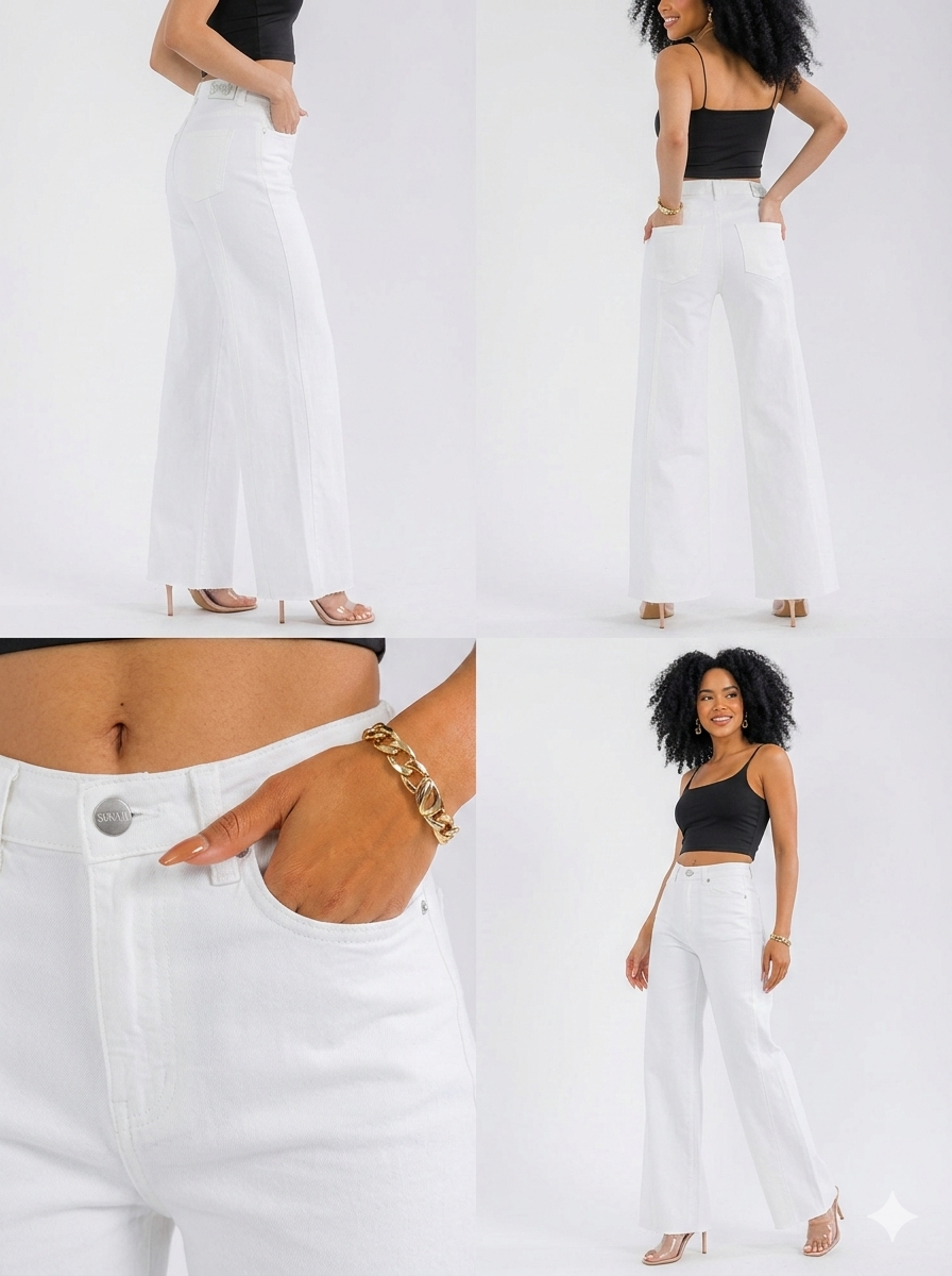 The Weekend Muse Button, Pocket Wide Leg Raw Hem Jeans
