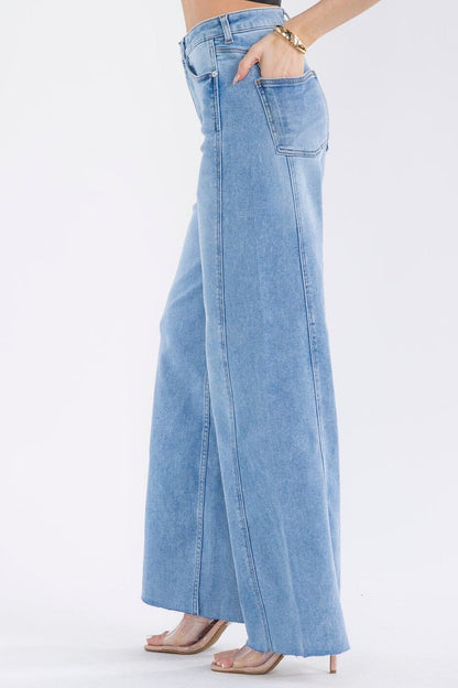The Weekend Muse Button, Pocket Wide Leg Raw Hem Jeans