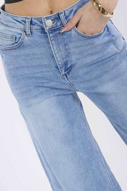 The Weekend Muse Button, Pocket Wide Leg Raw Hem Jeans