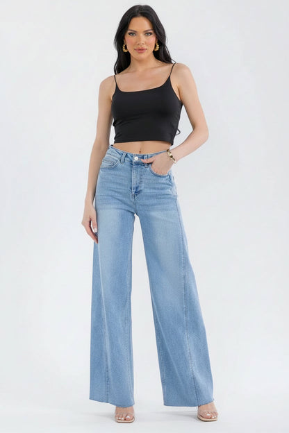 The Weekend Muse Button, Pocket Wide Leg Raw Hem Jeans
