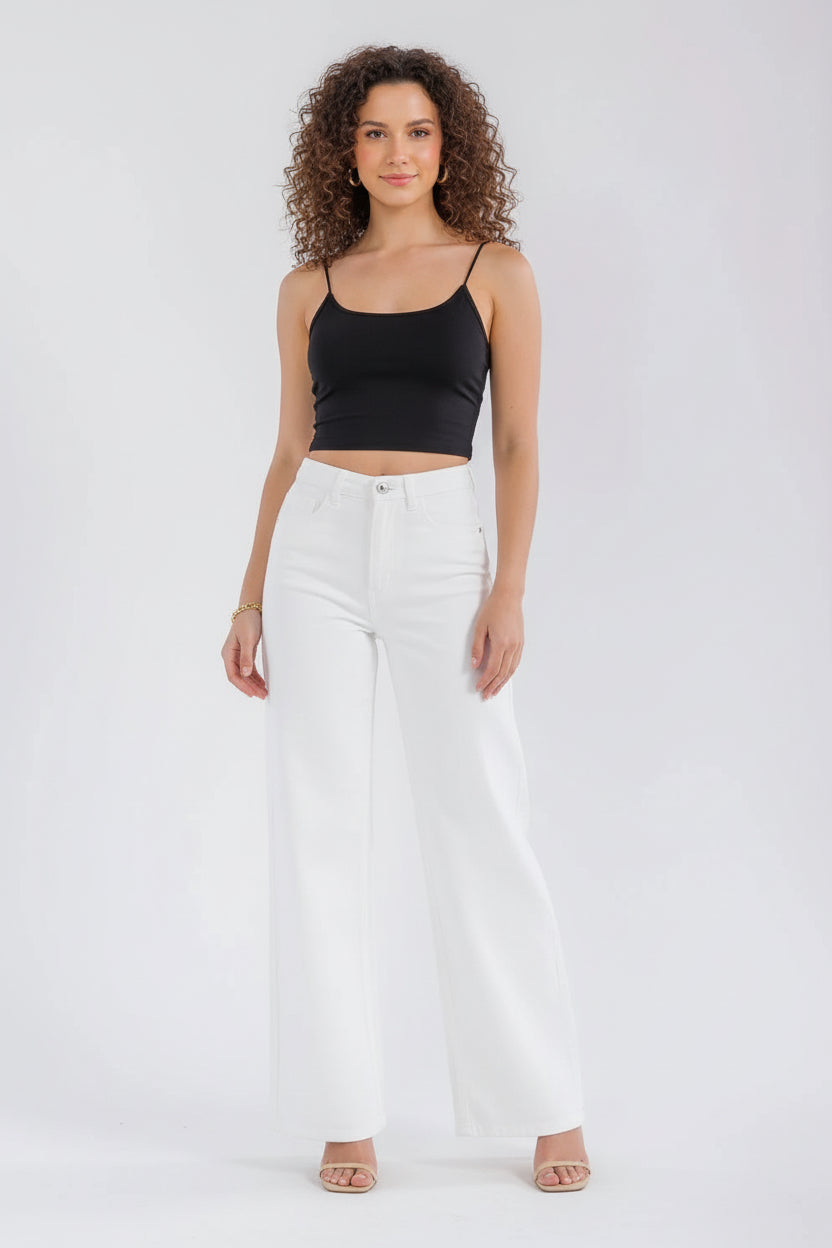 The Weekend Muse Button, Pocket Wide Leg Raw Hem Jeans