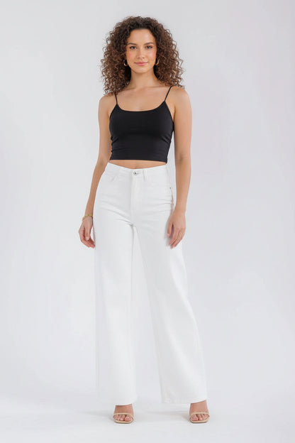 The Weekend Muse Button, Pocket Wide Leg Raw Hem Jeans