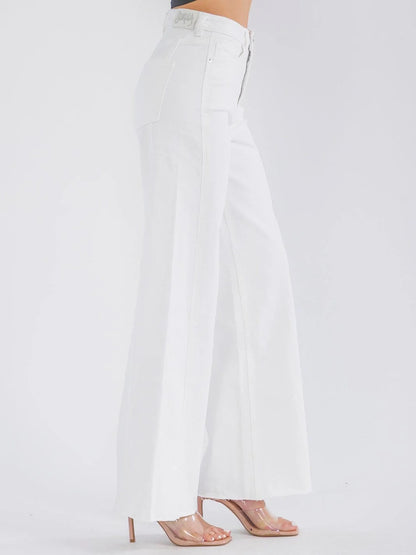 The Weekend Muse Button, Pocket Wide Leg Raw Hem Jeans