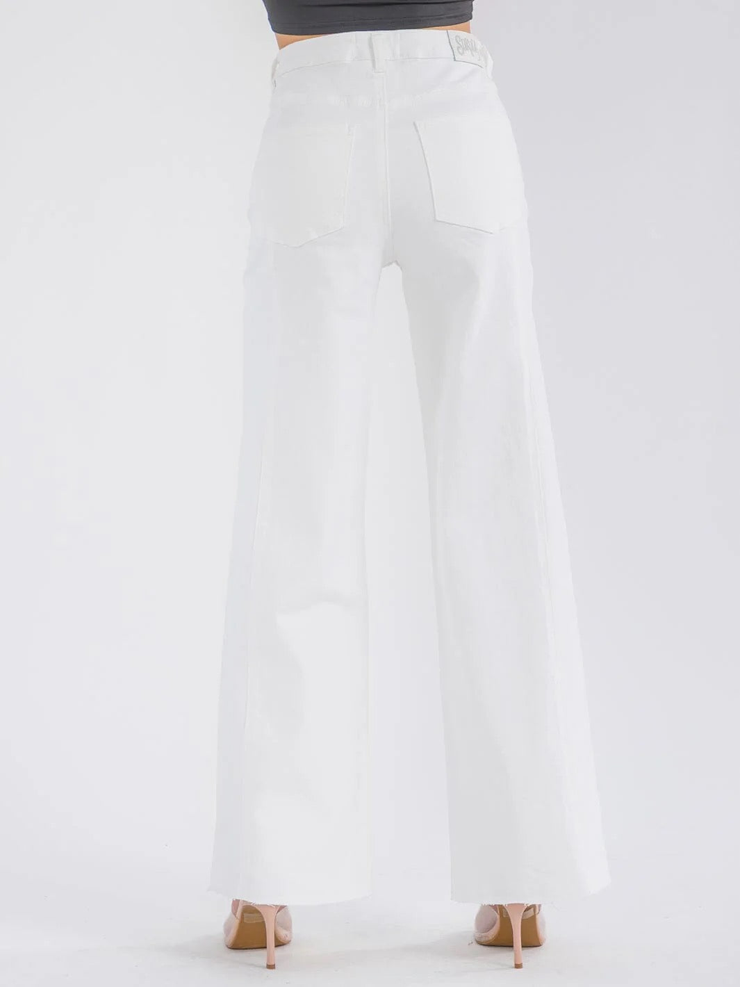 The Weekend Muse Button, Pocket Wide Leg Raw Hem Jeans