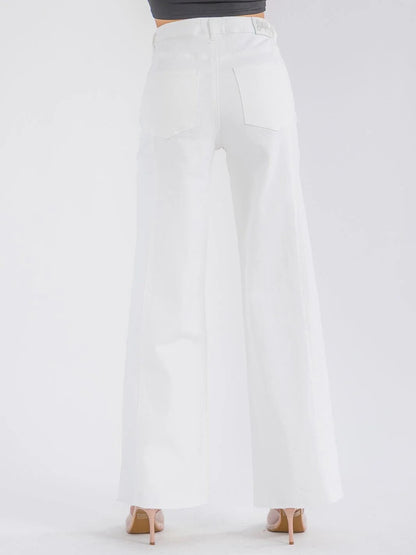 The Weekend Muse Button, Pocket Wide Leg Raw Hem Jeans