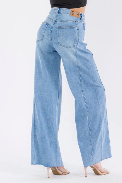 The Weekend Muse Button, Pocket Wide Leg Raw Hem Jeans