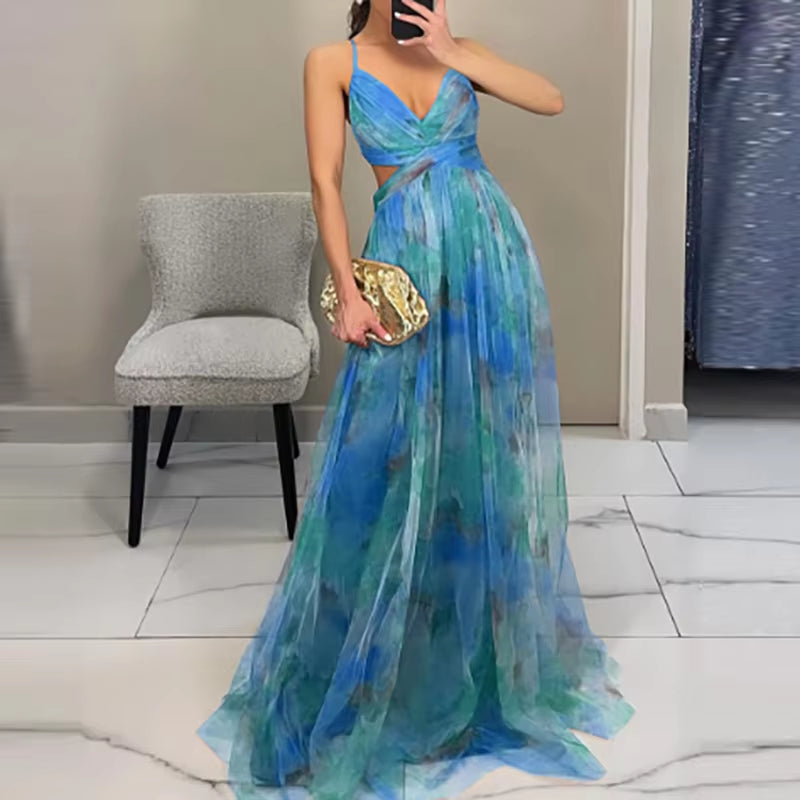 Elegant Pleated Mesh Evening Dress – off Shoulder, Backless, High Waist Long Vacation Dress for Women