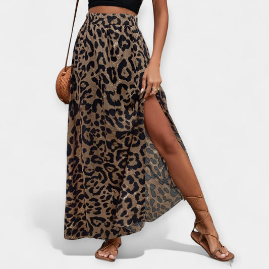Leopard Print Slit Midi Skirt