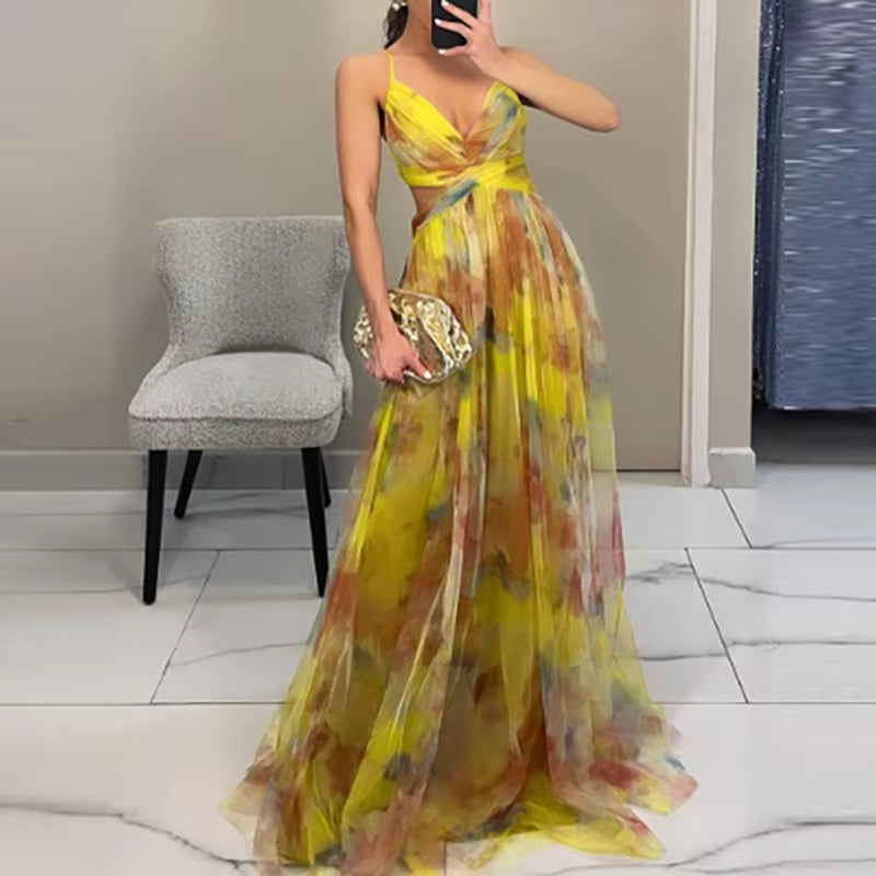 Elegant Pleated Mesh Evening Dress – off Shoulder, Backless, High Waist Long Vacation Dress for Women