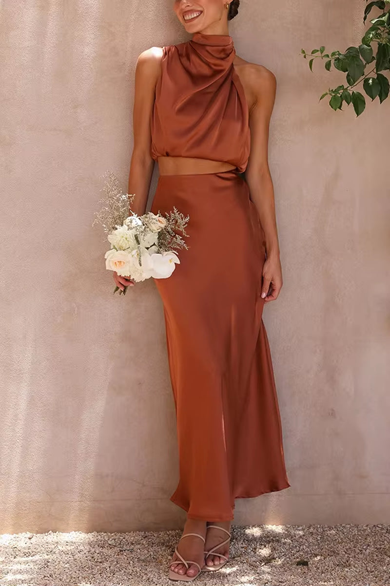 Satin Elegance: Women’S Two-Piece Sleeveless Long Skirt Set