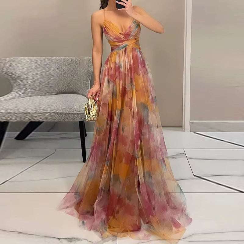 Elegant Pleated Mesh Evening Dress – off Shoulder, Backless, High Waist Long Vacation Dress for Women
