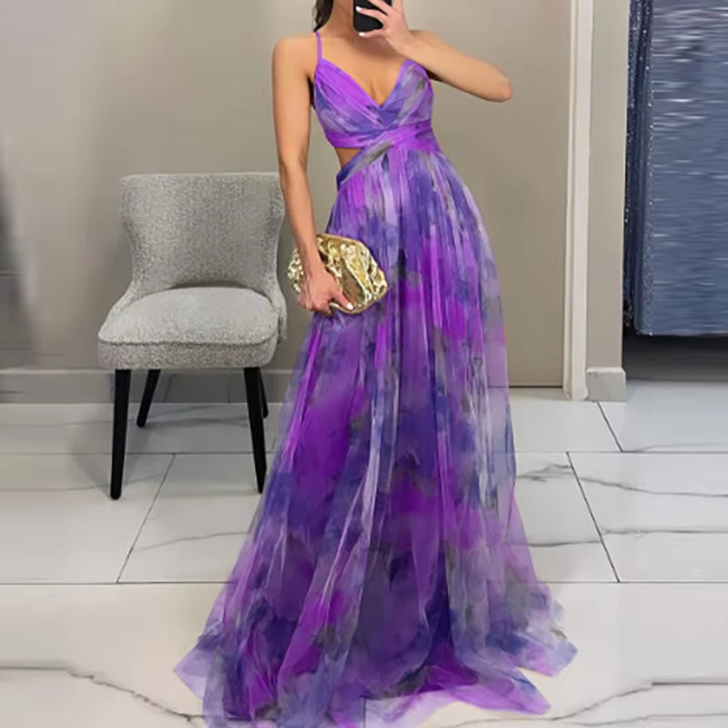 Elegant Pleated Mesh Evening Dress – off Shoulder, Backless, High Waist Long Vacation Dress for Women